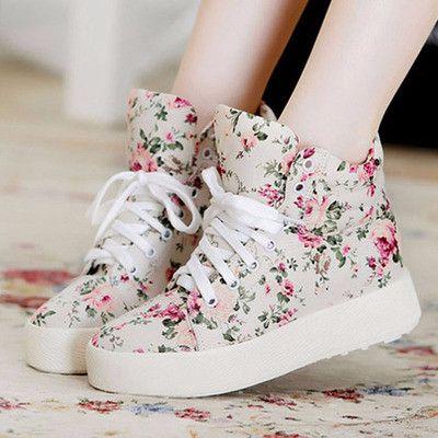 زفاف - Beautiful Floral Print High Top Sneakers