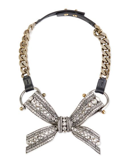 Mariage - Statement Necklace By Lanvin. Ridged Curb Link Chain. Calf Leather Trim. Crystal-embellished Bow Detail At Center. Adjustable Push-stud Closure. 