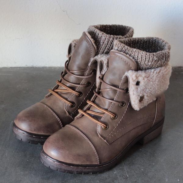 زفاف - Coolway - Bring Leather Knit Sweater Cuff Ankle Boots - 4 Colors