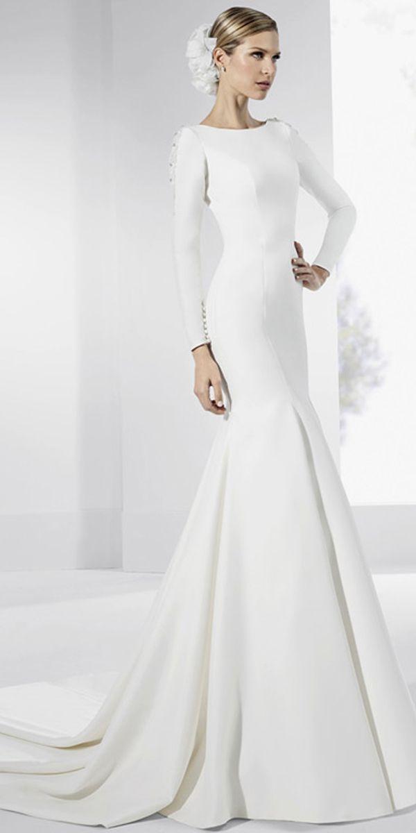 Hochzeit - Modest Tulle & Satin Jewel Neckline Mermaid Wedding Dress With Beaded Lace Appliques