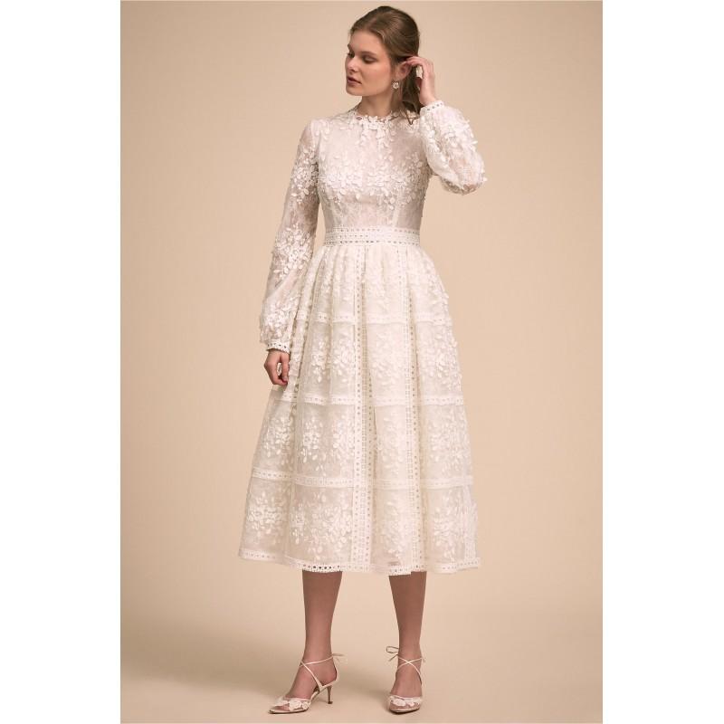 Wedding - BHLDN 2018 Shaw Knee-Length Ball Gown Ivory Bishop Sleeves Scoop Neck Appliques Vintage Zipper Up Lace Bridal Dress - Rich Your Wedding Day
