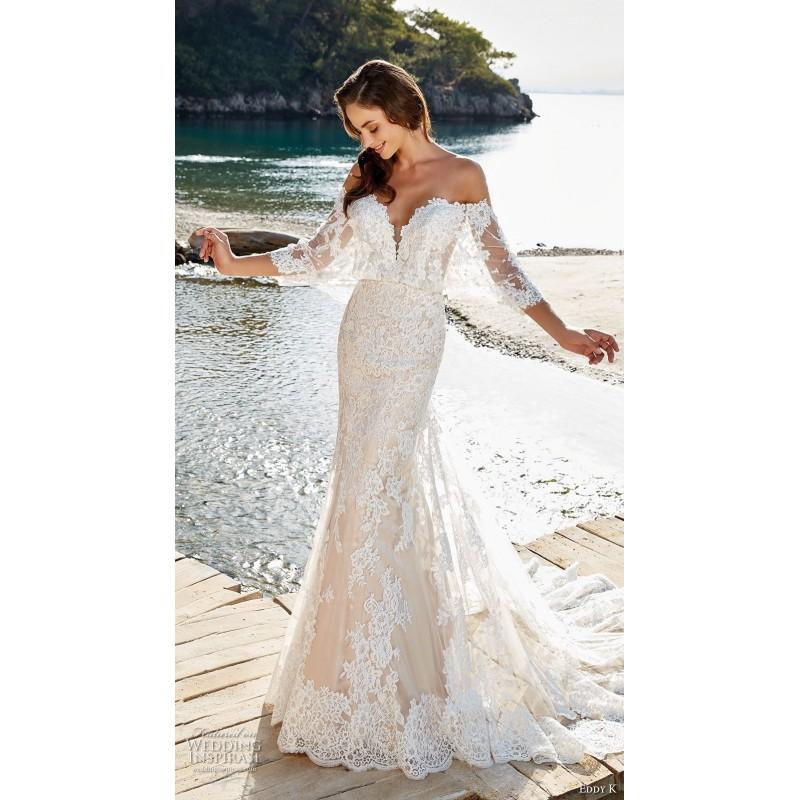 Свадьба - Eddy K. 2019 Ivory Chapel Train Sweet Off-the-shoulder Fit & Flare 1/2 Sleeves Covered Button Lace Appliques Spring Bridal Gown - Bridesmaid Dress Online Shop