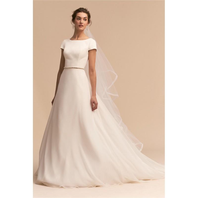 زفاف - BHLDN 2018 Crest Satin with Sash Open Back Bateau Chapel Train Aline Short Sleeves Ivory Simple Wedding Dress - Bridesmaid Dress Online Shop
