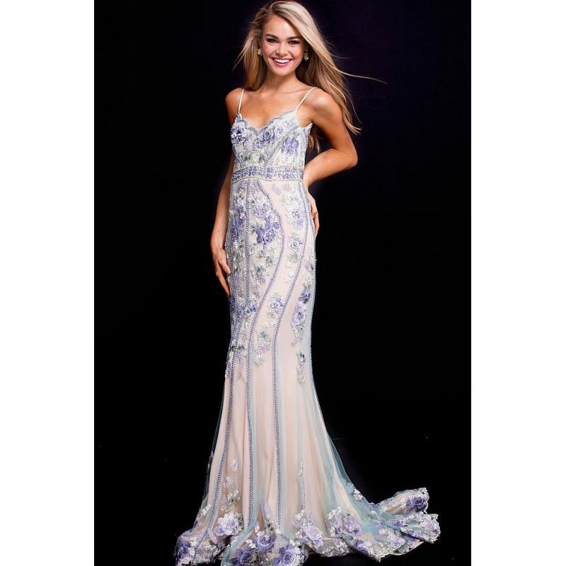 Mariage - Jovani - 55816 V Neck Floral Embellished Tulle Prom Dress - Designer Party Dress & Formal Gown