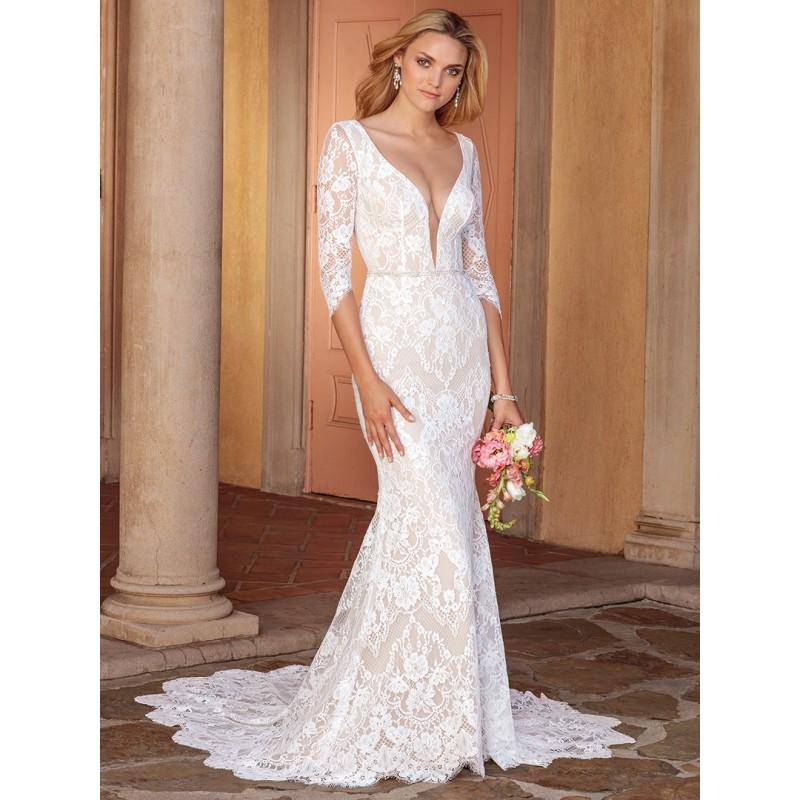 زفاف - Casablanca Bridal 2018 2331 Ainsley Chapel Train Deep Plunging V-Neck Fit & Flare 1/2 Sleeves Lace Open Back Dress For Bride - Designer Party Dress & Formal Gown