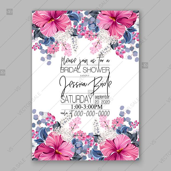 Hochzeit - Tropical pink hibiscus lilac wedding invitation vector card template thank you card