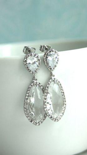 Wedding - Wedding Earrings Large Teardrop LUX Rhodium Plated Cubic Zirconia, Clear Crystal Dangle Earrings. Bridesmaid Gift, Crystal Bridal Jewelry