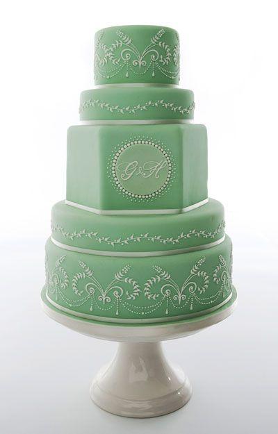 Hochzeit - Monogramed Mint Green Wedding Cake By Anna Tyler Cakes (www.annatylercakes.co.uk) 