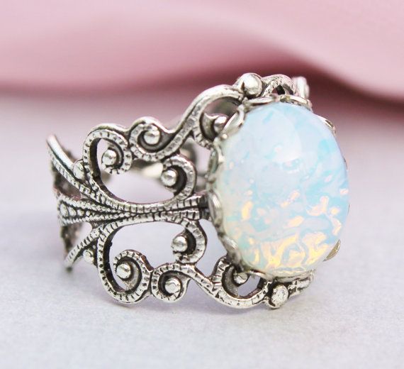 زفاف - Silver Opal Ring,Silver Filigree Ring,Vintage White Glass Pinfire Opal,STURDY Adjustable Ring,Bridesmaids Jewelry,Birthstone Jewelry