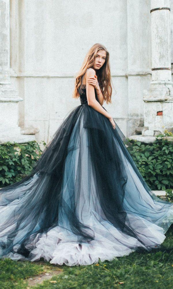 Свадьба - Tulle Wedding Dress // Calypso Nightfall/ Black Bridal Gown, Lace Bridal Gown, Embroidered Lace Top, Open Back Dress, Ball Gown, Navy