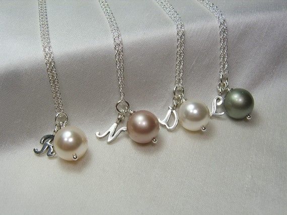 Mariage - Bridesmaid Jewelry Pearl Initial Necklace Personalized Bridesmaid Necklace Asking Bridesmaid Gift Monogram Necklace Bridesmaid Proposal Gift