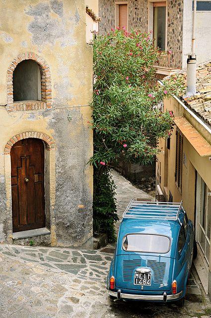 Wedding - Old Blue Fiat 600 Parked In A Narrow Street Of Castelmola - Sicily