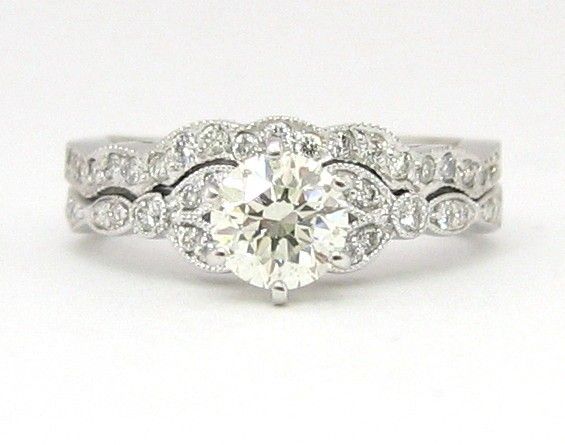 زفاف - Women's 14k Solid White Gold Round Cut Natural Diamond Engagement Ring And Band, Antique Style, Filigree, Bridal Wedding Set 1.10ctw