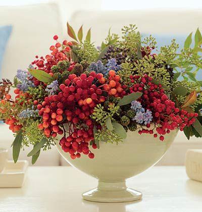 Hochzeit - Footed Bowl With Berry Arrangement When Arranging, Think Triangles: Start By Sticking Three Of The Heavier Branches Into The Bowl At An… 