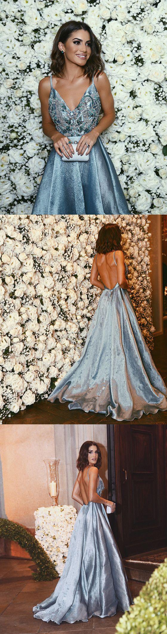 زفاف - Luxurious A-line Straps Blue Formal Evening Dress,Sexy Backless Beaded Deep V Neckline Prom Dresses, PD0497
