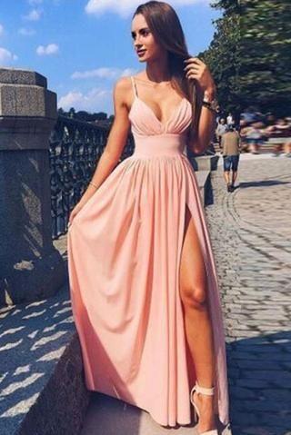 Mariage - Pink Spaghetti Strap V Neck Simple Long Evening Dress,Cheap Prom Dress, M106