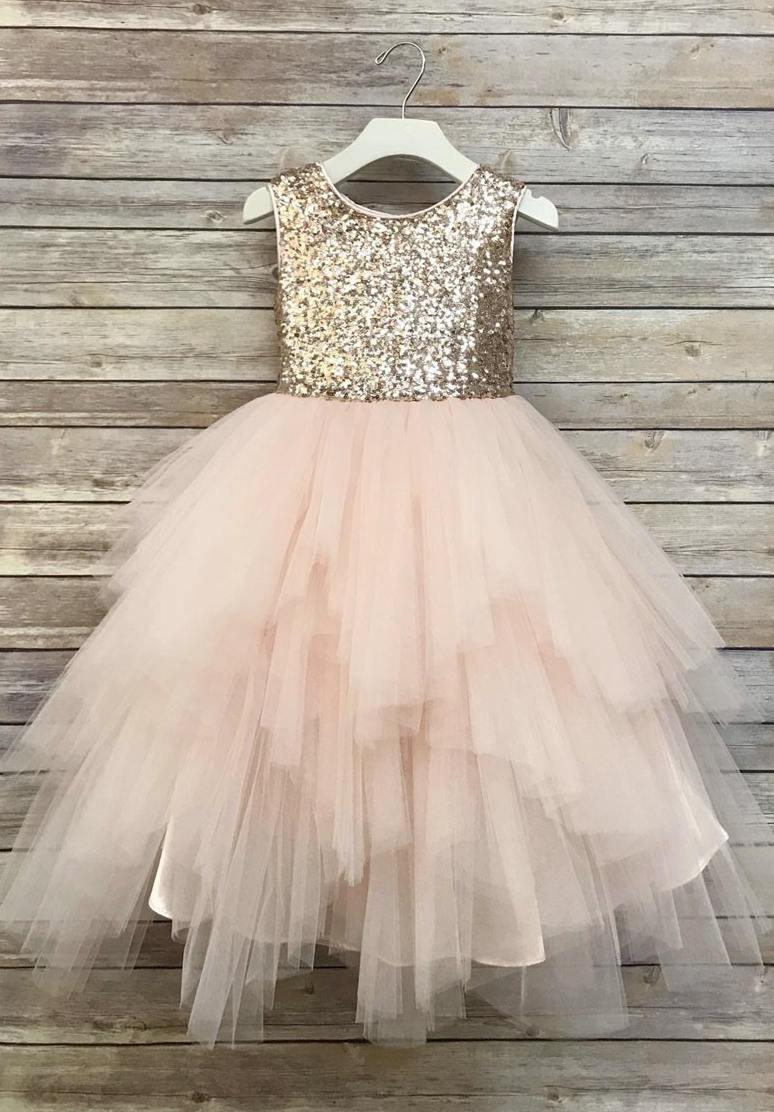 Mariage - Sequin Top Flower Girl Glam Dress Blush, Rose Gold/ Champagne  and Ivory Gold Sequin Top Dress rose gold sequin top dress big bow