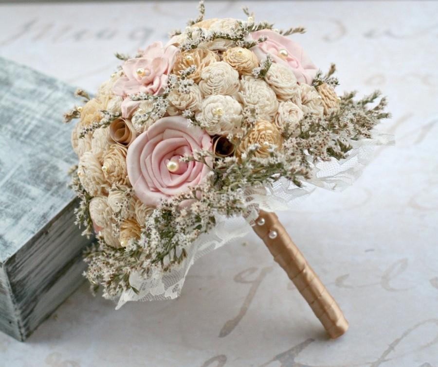 Mariage - Pink & Gold Wedding Bouquet // Gold Bouquet, Bridal Bouquet, Vintage Wedding, Dried Flower Bouquet, Lace Bridal Flower, Sola Flower Bouquet