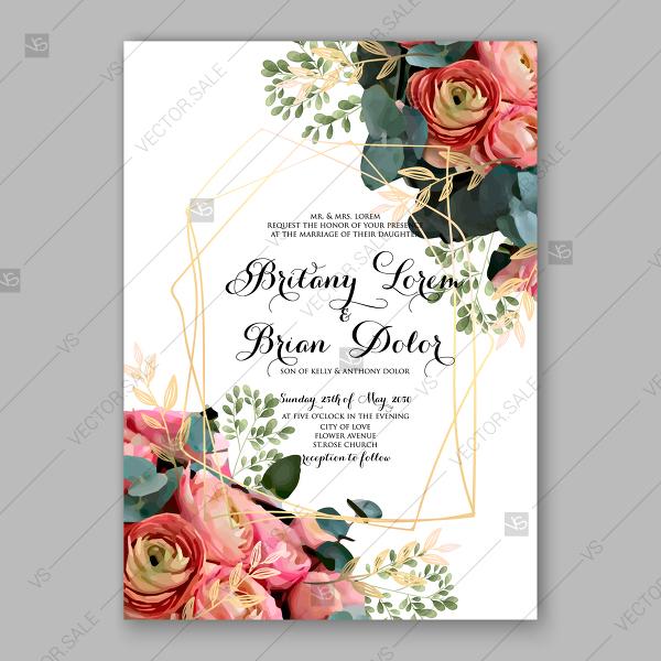 Hochzeit - Pink peony, ranunculus eucalyptus floral wedding invitation vector card template luau