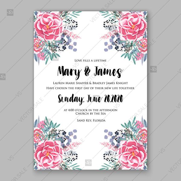 زفاف - Ranunculus pink watercolor wedding invitation vector template vector file