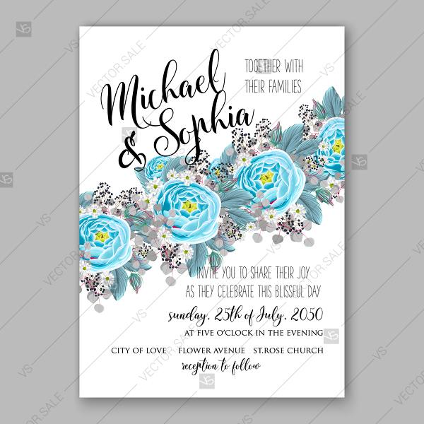 Свадьба - Mint blue flower rose anemone peony ranunculus wedding invitation floral vector card printable template anniversary invitation