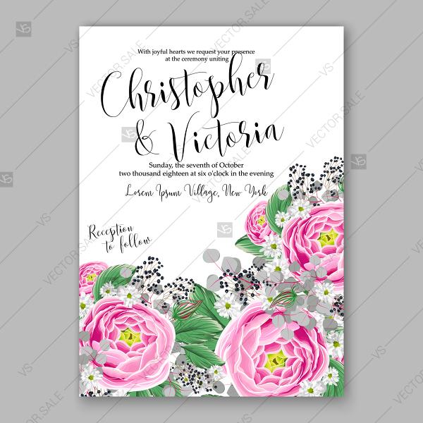 Свадьба - Garden pink rose peony Ranunculus peony wedding invitation template floral vector card summer