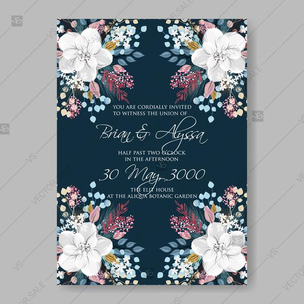 Свадьба - Winter floral wedding invitation card white anemone fir pine branch christmas vector wreath valentines day