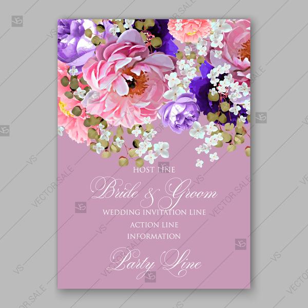 Hochzeit - Pink purple peony, blue hydrangea, eucalyptus floral wedding invitation vector card template bridal shower invitation