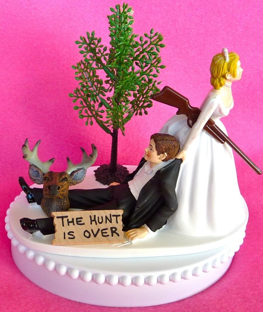 Personalized Mr and Mrs Bride Pulling Groom Funny Cake Topper Hunting Gun 