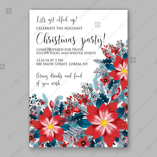 زفاف - Red Poinsettia Christmas Party invitation vector template floral background
