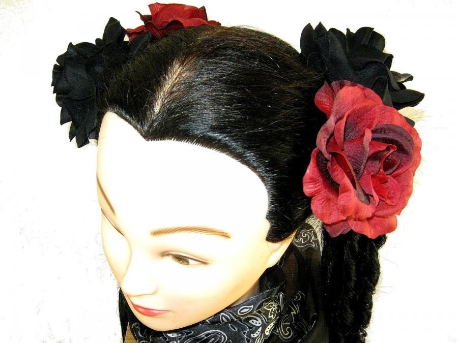 زفاف - 2 x GOTH LOLITA hair flower FASCINATOR Wedding hair jewelry Tribal Fusion gothic belly dance costume accessory Black red goth rose barrette