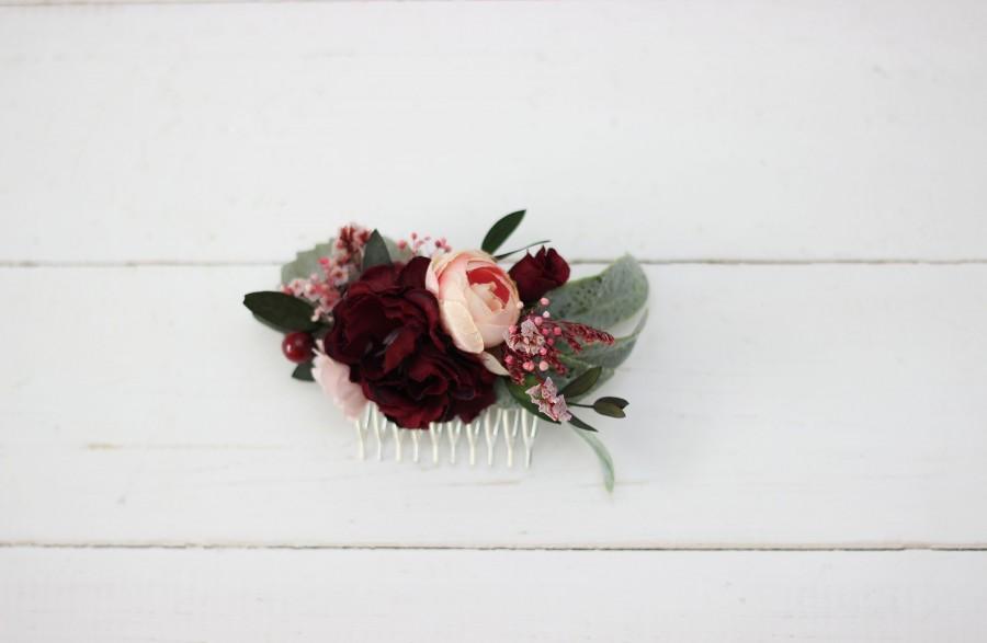 Mariage - Burgundy flower comb Pink  floral headpiece Bridal hair comb Flower accessories Bridesmaid Deep red  Wedding hair piece Outdoor wedding