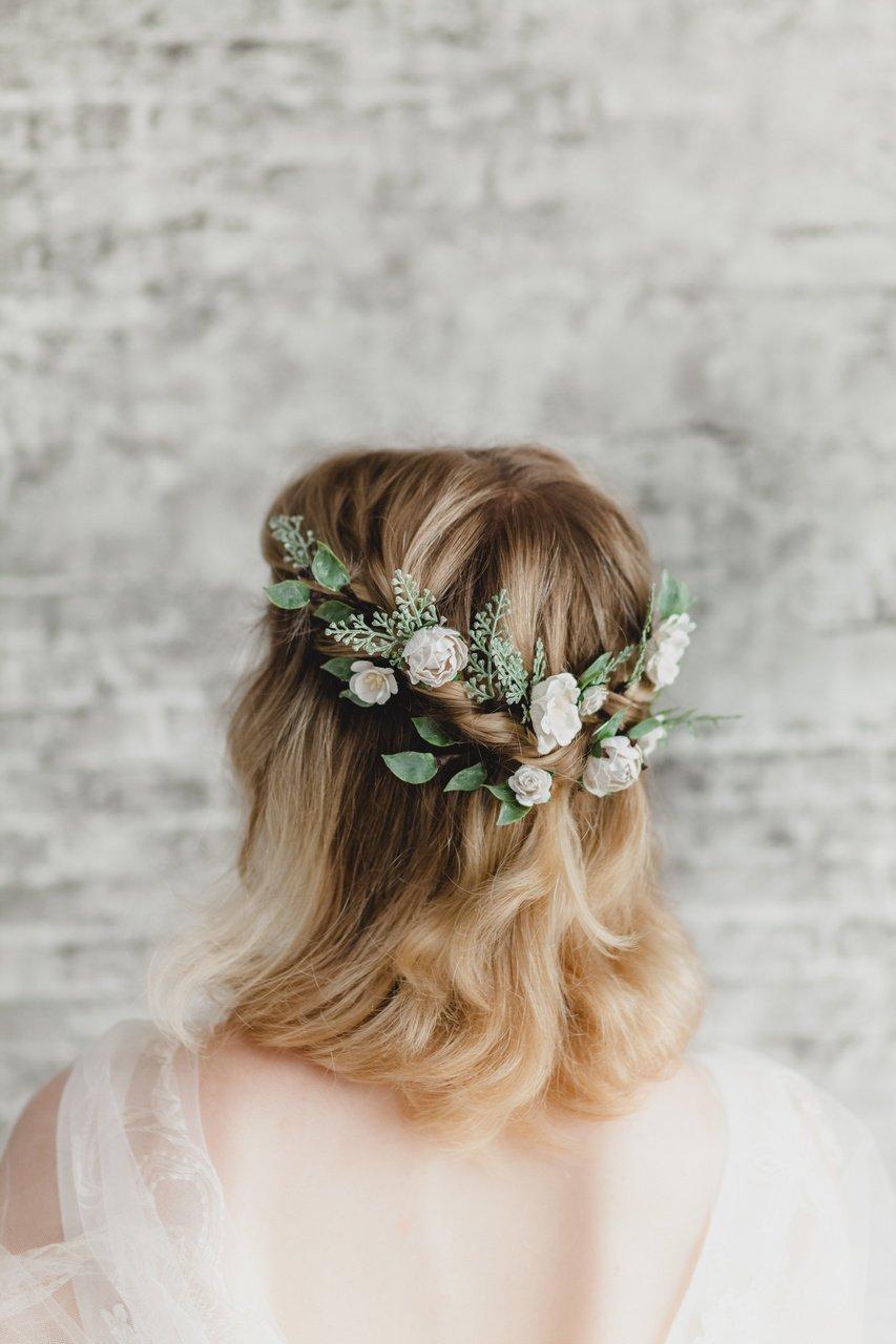 Hochzeit - Bridal Headpiece Floral Leaf Headband  Woodland Wedding Hair Piece Bridal Flower Hair Pins Set White Rose Hair Bobby Pin Sage Greenery Hair