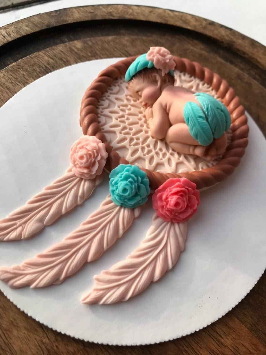 Mariage - Tribal baby shower cake topper baby on dream catcher baby shower edible fondant teal feather boho chic bohemian baby cake toppers