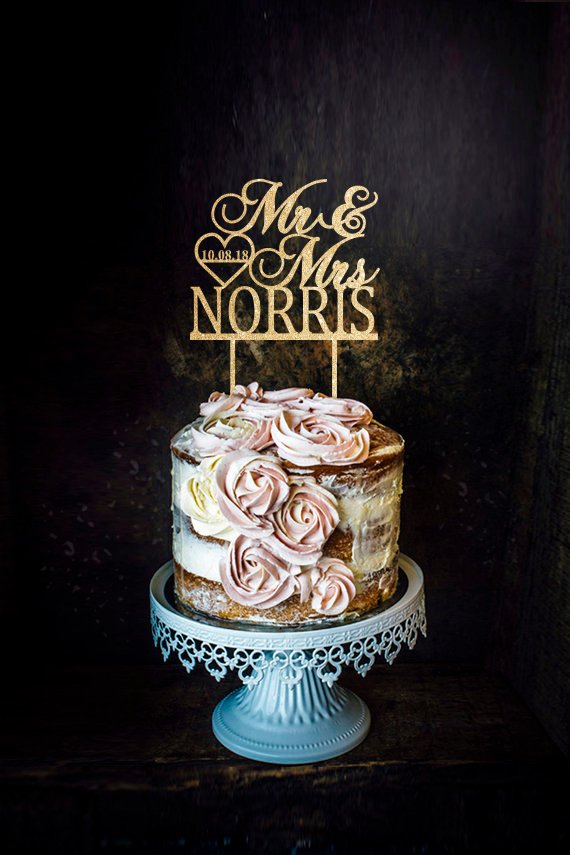 زفاف - Personalized Mr & Mrs Last Name Date Heart Custom Wedding Cake Topper Fancy Customized Wedding Topper Personalized Wedding Cake Topper