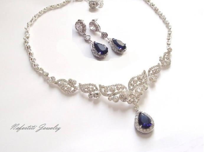 زفاف - sapphire blue bridal necklace, blue crystal wedding necklace, blue bridal jewelry, saphire wedding jewelry set, sapphire jewelry set