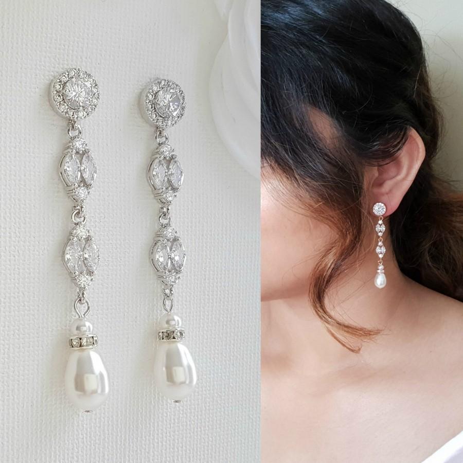 Mariage - Bridal Earrings Long Pearl Drop Wedding Earrings Pearl Crystal Dangle Earrings Rose Gold Earrings Wedding Jewelry, Hayley