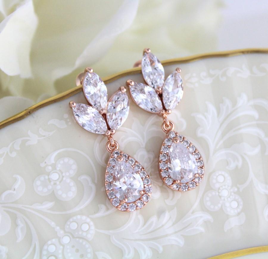 زفاف - Rose Gold earrings, Wedding jewelry, Bridesmaid earrings, Bridal earrings, Crystal earrings, Wedding earrings, Teardrop earrings, Simple