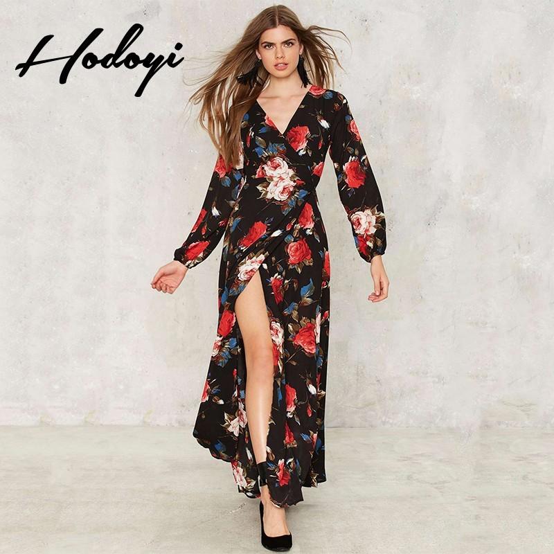 Hochzeit - Vogue Sexy Printed Bishop Sleeves Low Cut Split Summer Dress - Bonny YZOZO Boutique Store