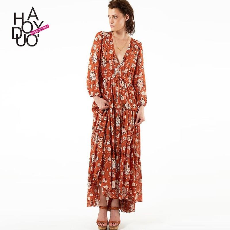 Mariage - Vogue Split Printed V-neck Long Sleeves Summer Dress - Bonny YZOZO Boutique Store