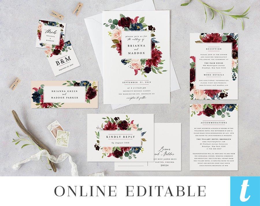 Свадьба - Burgundy Wedding Invitation Template Set, Printable Invites, Instant Download Digital Editable Suite Navy Blush Peony Rose, Brianna Templett