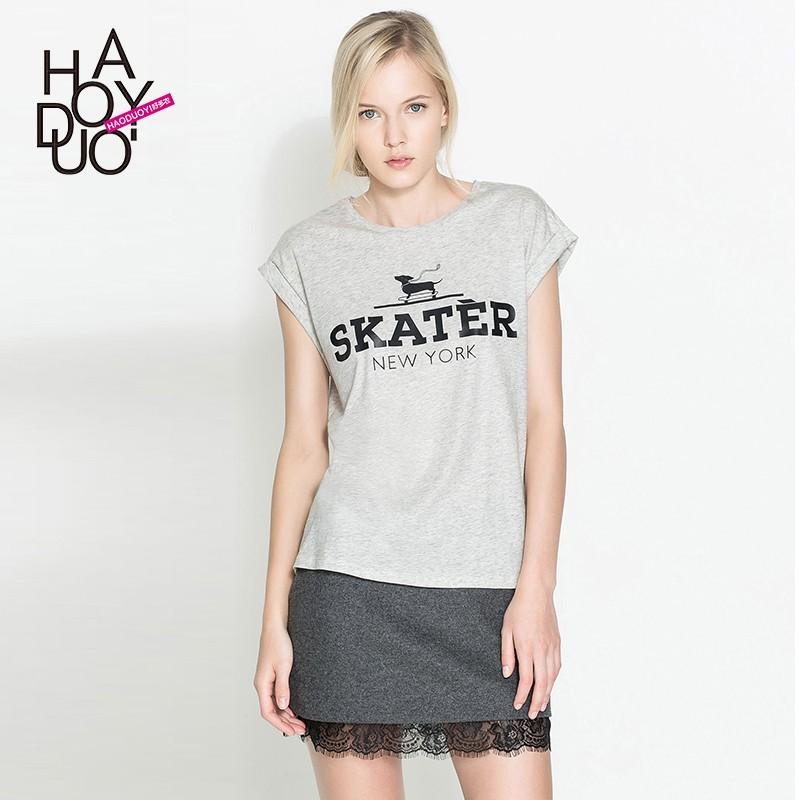 Mariage - Printed Scoop Neck Dog Grey Casual Short Sleeves T-shirt - Bonny YZOZO Boutique Store