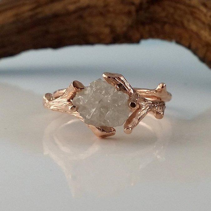 Wedding - Rose Gold Bridal Set with White Raw Diamond, Engagement Ring, Diamond Wedding Ring Set Hand Sculpted by Dawn Vertrees Twig Engagement Rings