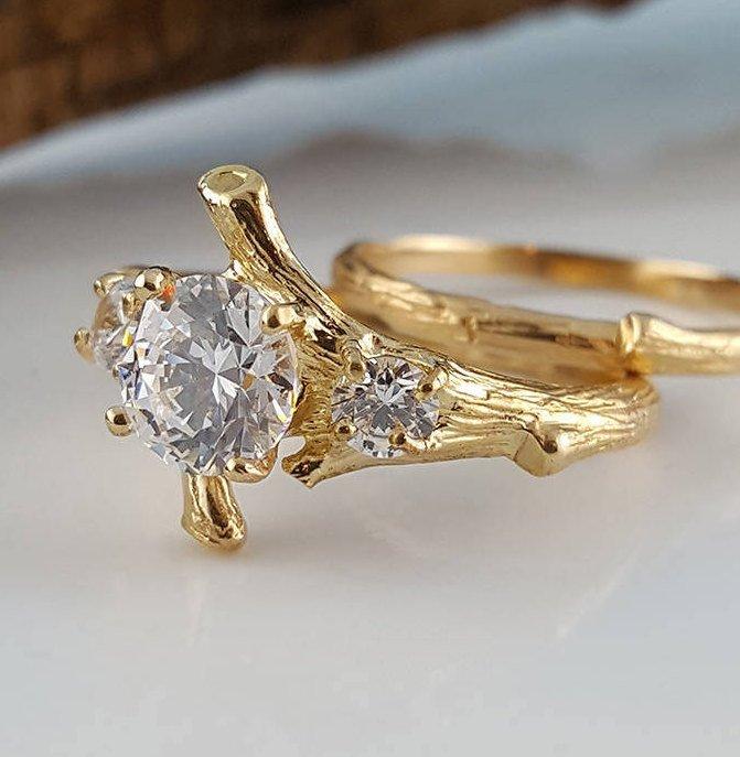 Mariage - Moissanite Engagement Ring set, Hand Made Branch Style Three Round Moissanite Wedding Ring Set, bridal band set by Dawn Vertrees Engagement