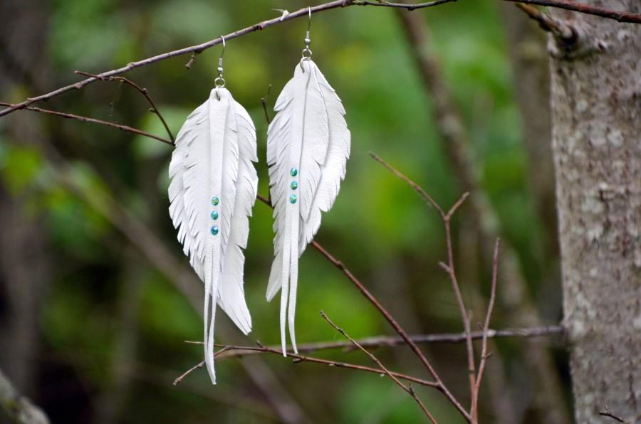 Wedding - White leather feather earrings, boho wedding earrings decor, angel wings, bird earrings, hand cut feather earrings, long boho earrings