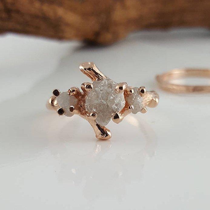 Wedding - Raw Three Diamond Twig Engagement Ring, Raw Uncut White Diamond Branch Bridal Set, Custom Made-to-Order, Hand Sculpted Gold Diamond Ring