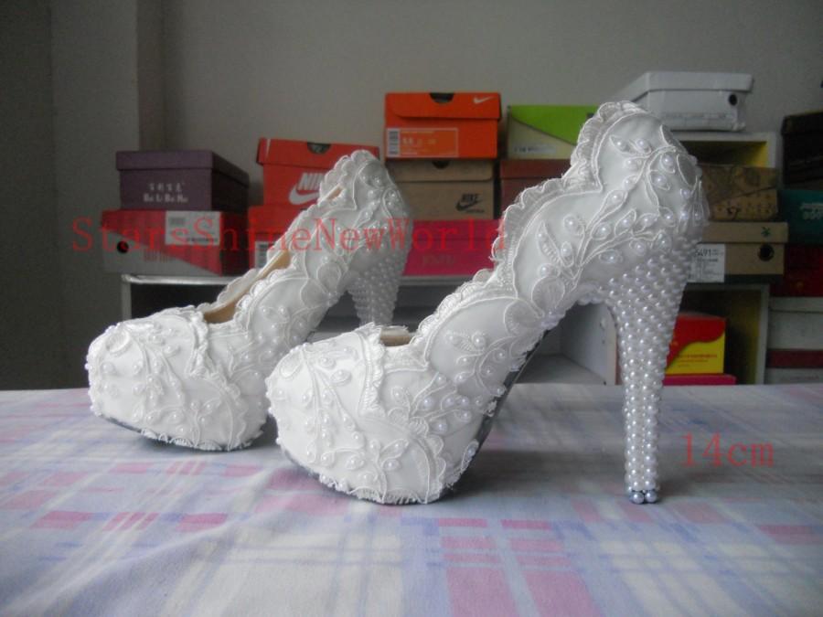 Mariage - White/Ivory Lace Pearls Women Wedding Shoes High Heels Handmade Bridal Shoes Platform Shoes Bling Heels