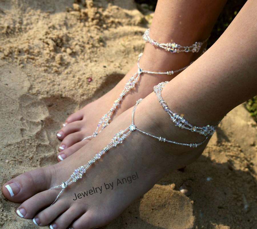 Bridal accessory Silver Beaded barefoot sandals Foot thong Beach wedding Beach sandals Starfish foot jewelry Foot jewelry-Slave anklet