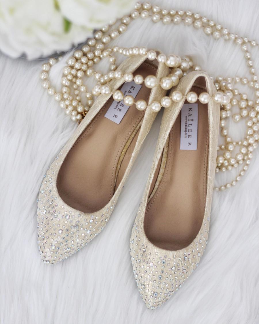 Mariage - Women Wedding Shoes, Bridesmaid Shoes - CHAMPAGNE LACE Pointy Toe ballet flats with scattered rhinestones