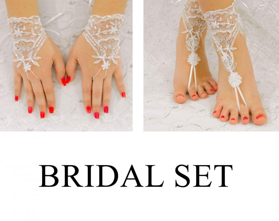 Hochzeit - Bridal Set,  Beach Wedding Barefoot Sandals, Wedding Gloves, MarrietDress 03